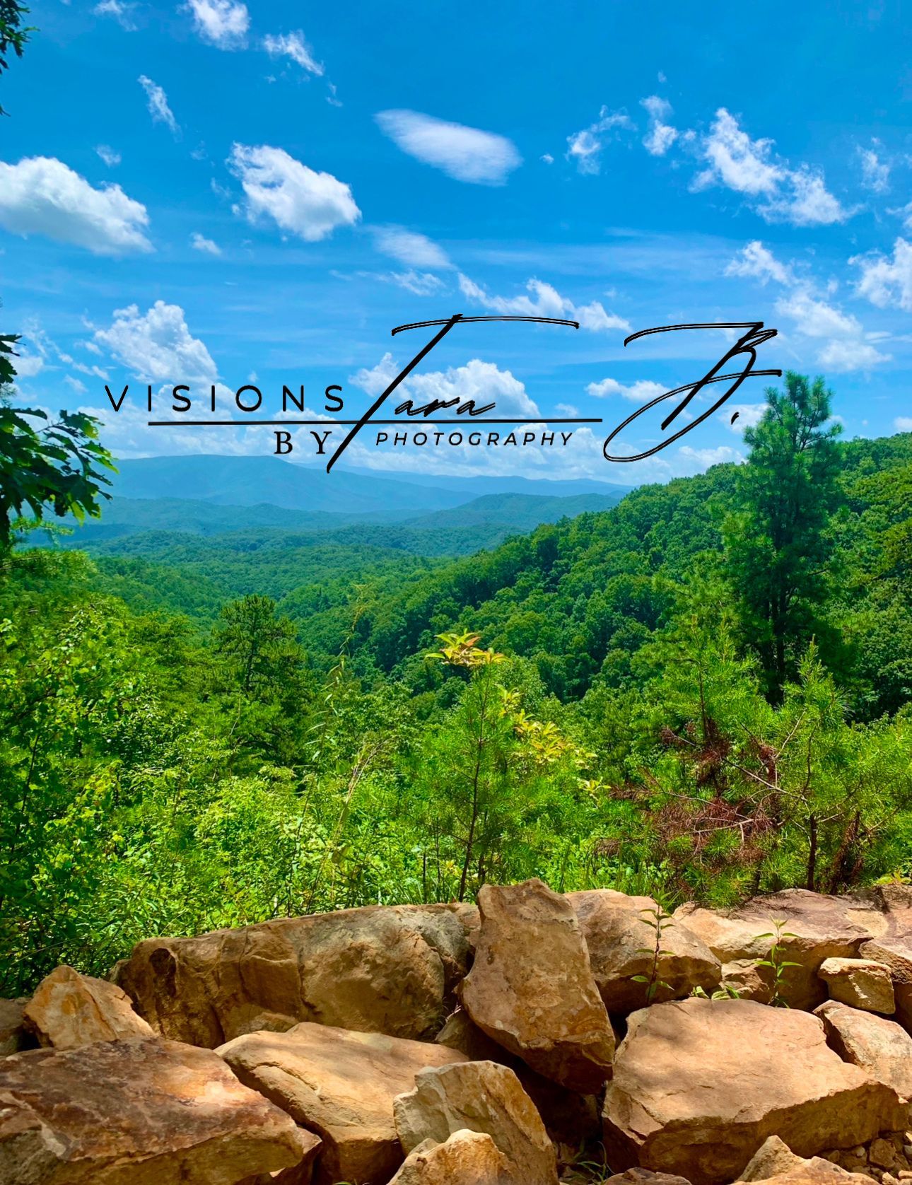 Landscape view of green forest and distant mountains beneath a bright blue sky with scattered clouds.