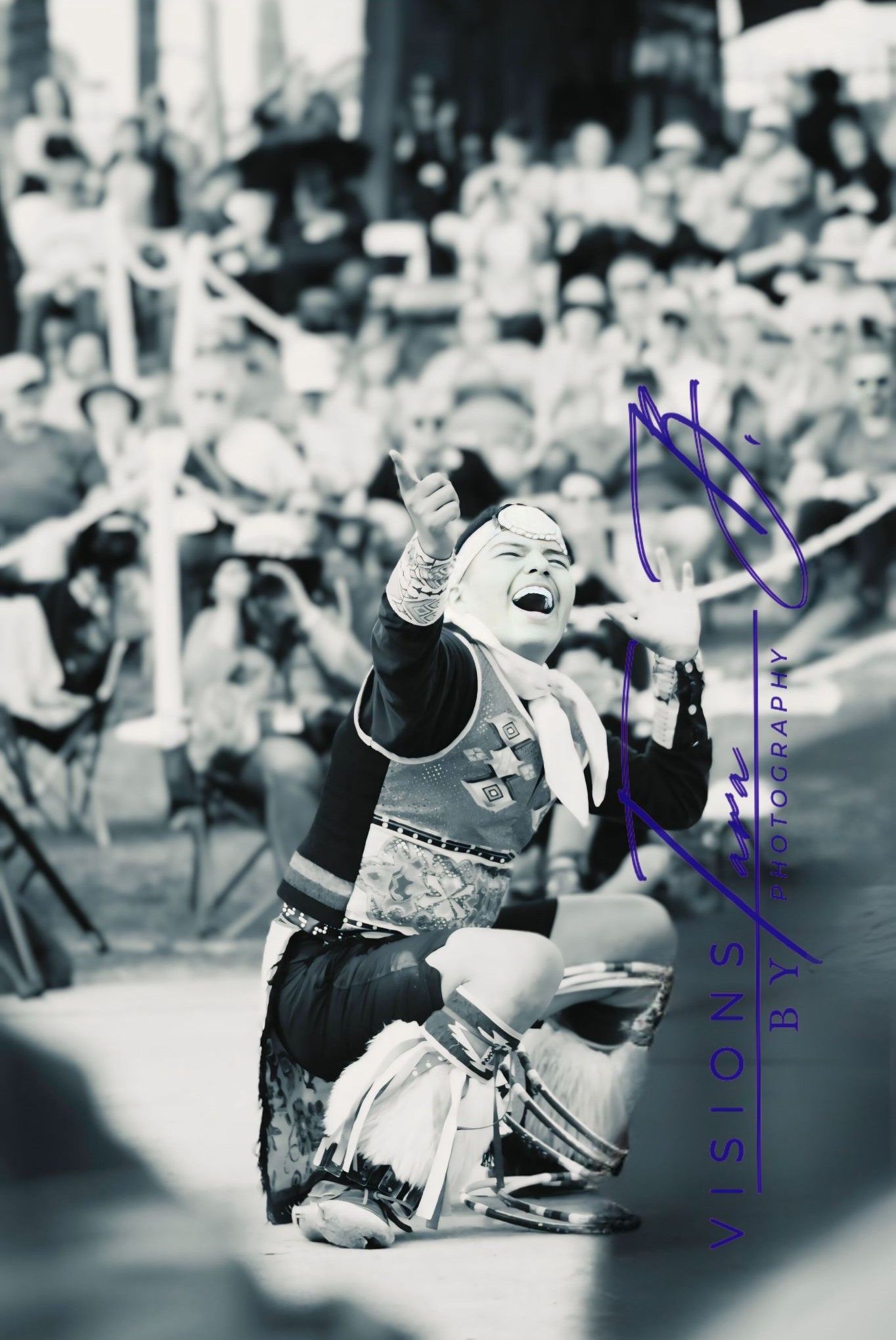 Joyful dancer performing in front of a cheering crowd, captured mid-movement in a lively street celebration scene.