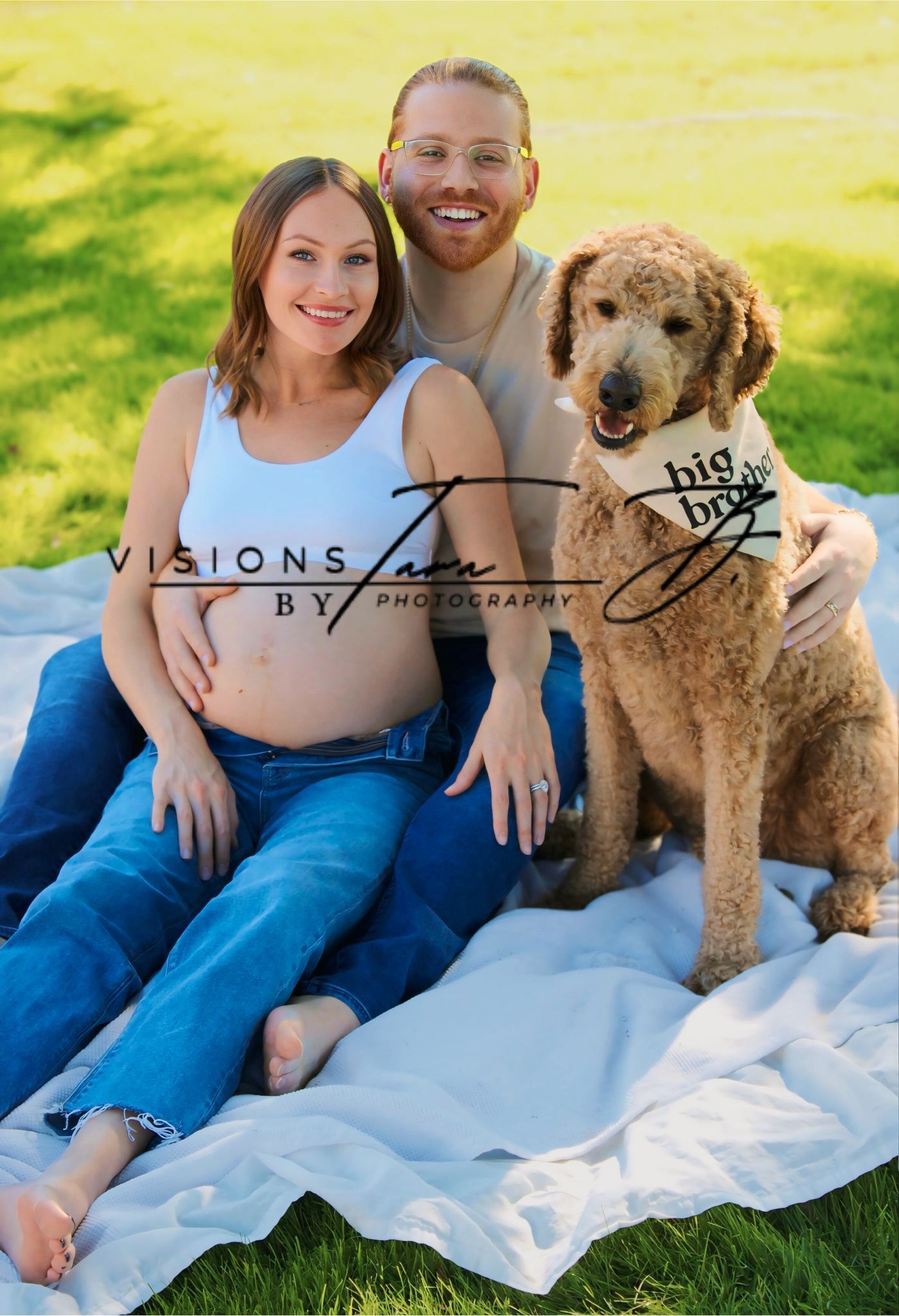 Expecting couple sitting on a picnic blanket with their dog beside them, capturing a sweet family maternity moment outdoors.