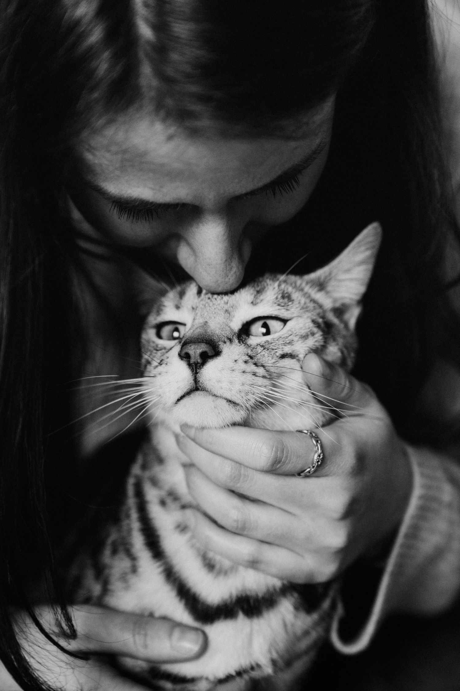 Portrait tendre d'une femme avec son chat, noir et blanc