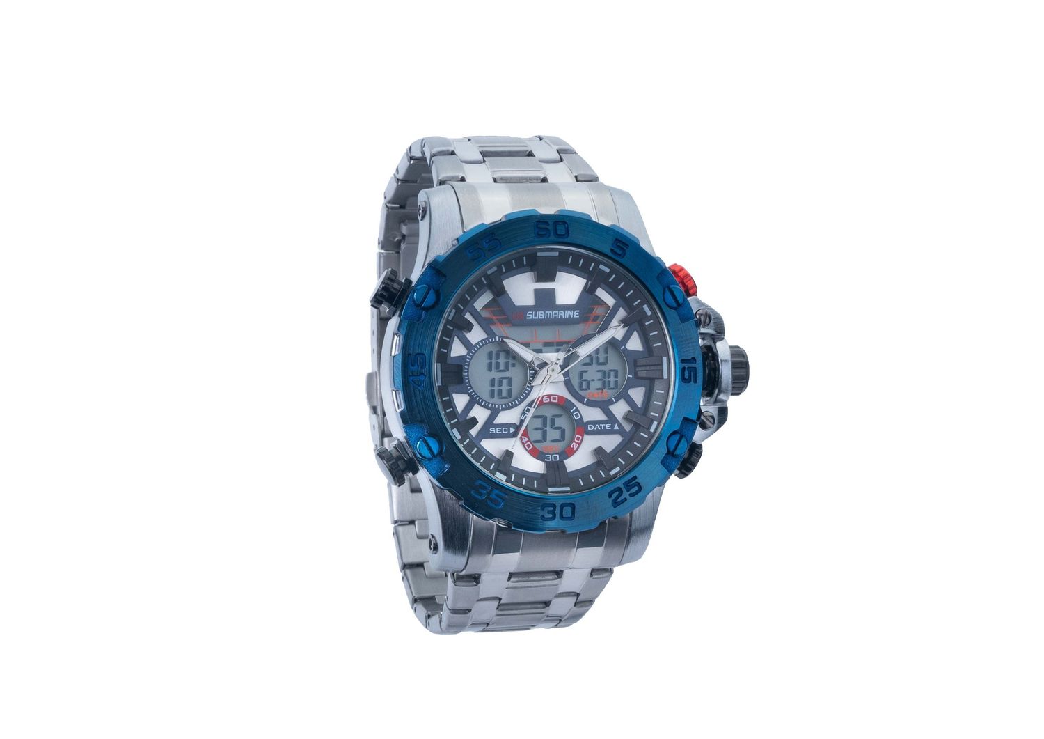 A blue and silver stainless steel chronograph watch with multiple subdials shown from different angles.
