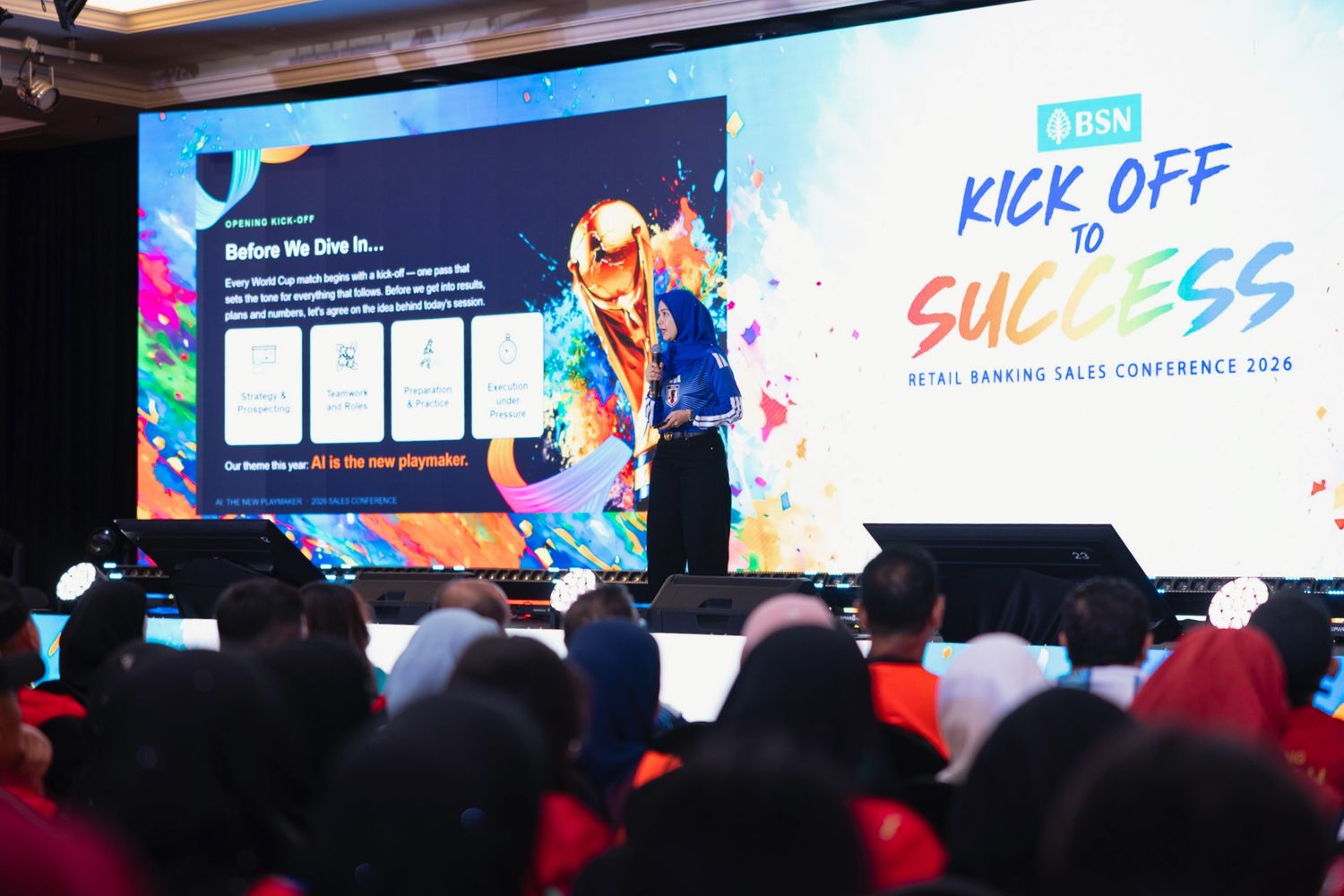 Speaker presenting at BSN Kick Off to Success Retail Banking Sales Conference 2024 on stage.