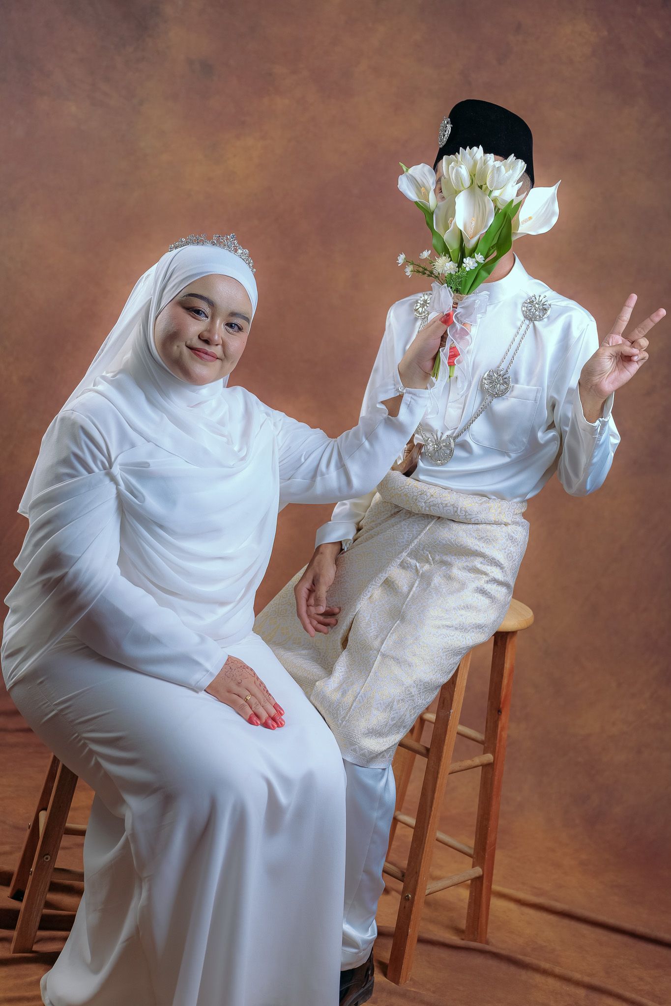 Playful sequence of photos showing people in white attire posing with chairs and flowers against brown backdrop.