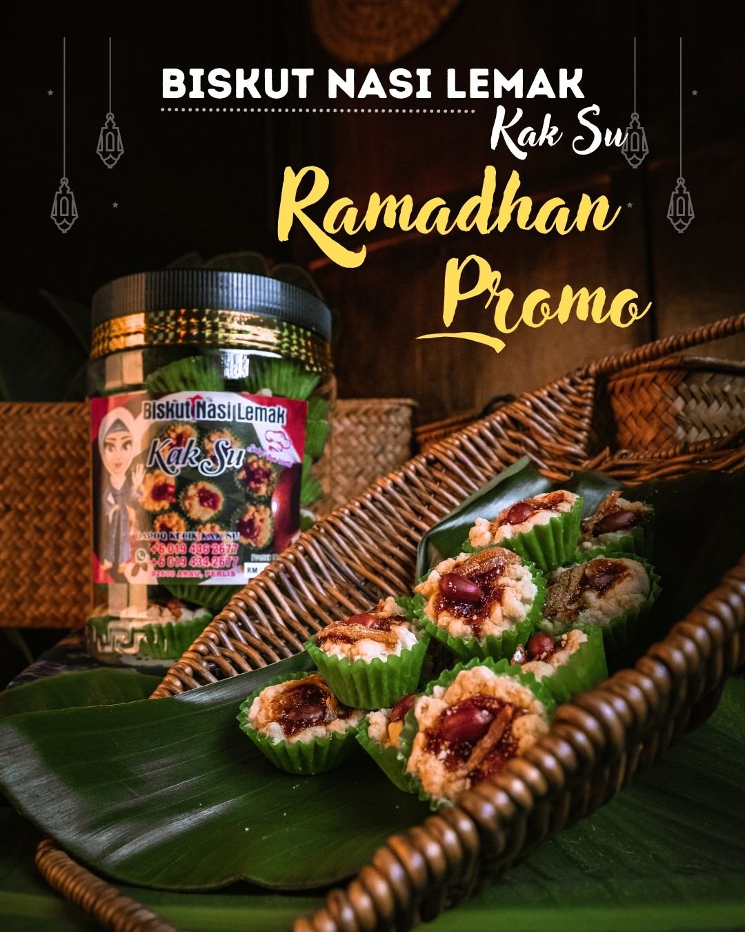 Promotional image for Ramadhan featuring traditional Nasi Lemak biscuits displayed on banana leaves with a product jar.