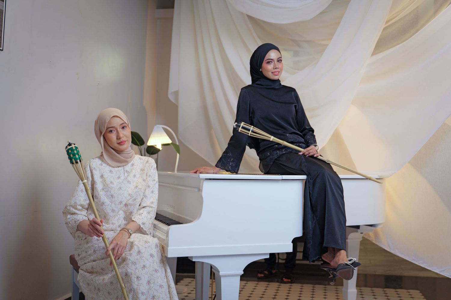 A series of lifestyle product photography setups with white curtains and props against a light background.