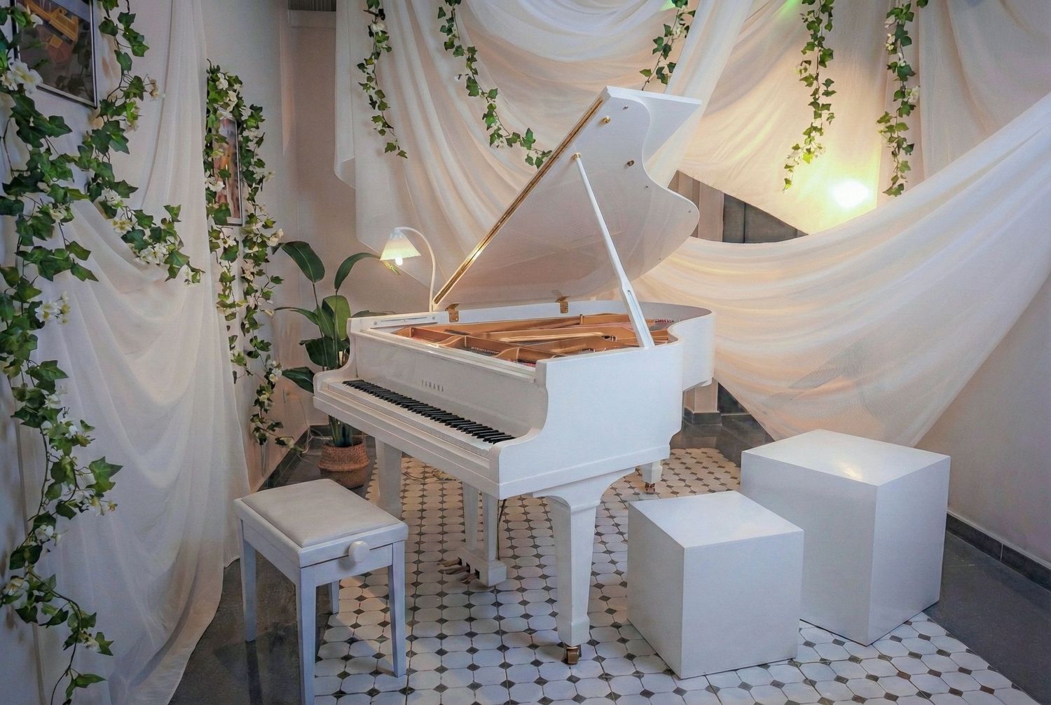 A spa treatment room decorated with white curtains, hanging plants, and geometric tile flooring creates a serene atmosphere.