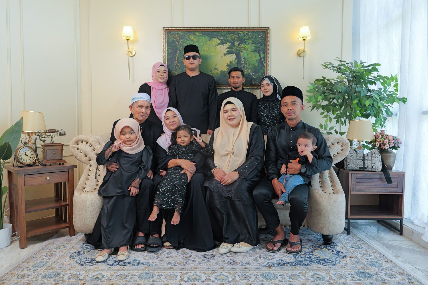A group of people sitting together in a home interior with traditional Middle Eastern attire and decor.