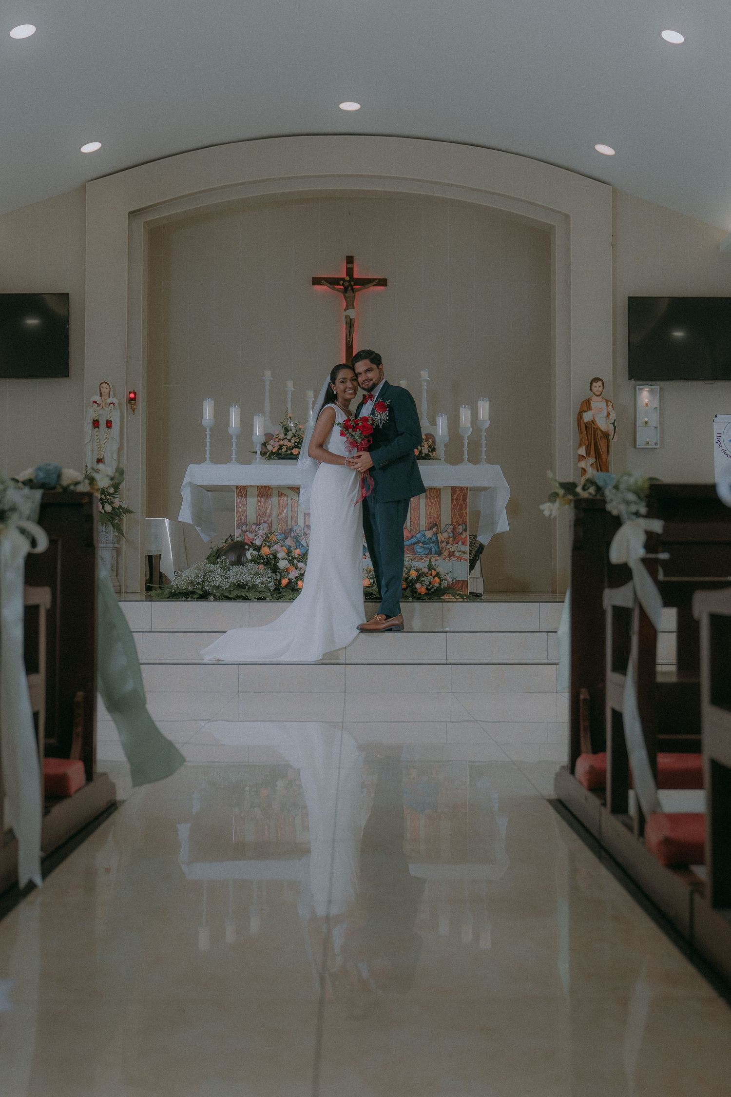 A sequence of photos showing a church wedding ceremony in a modern white chapel with red accents and candles.