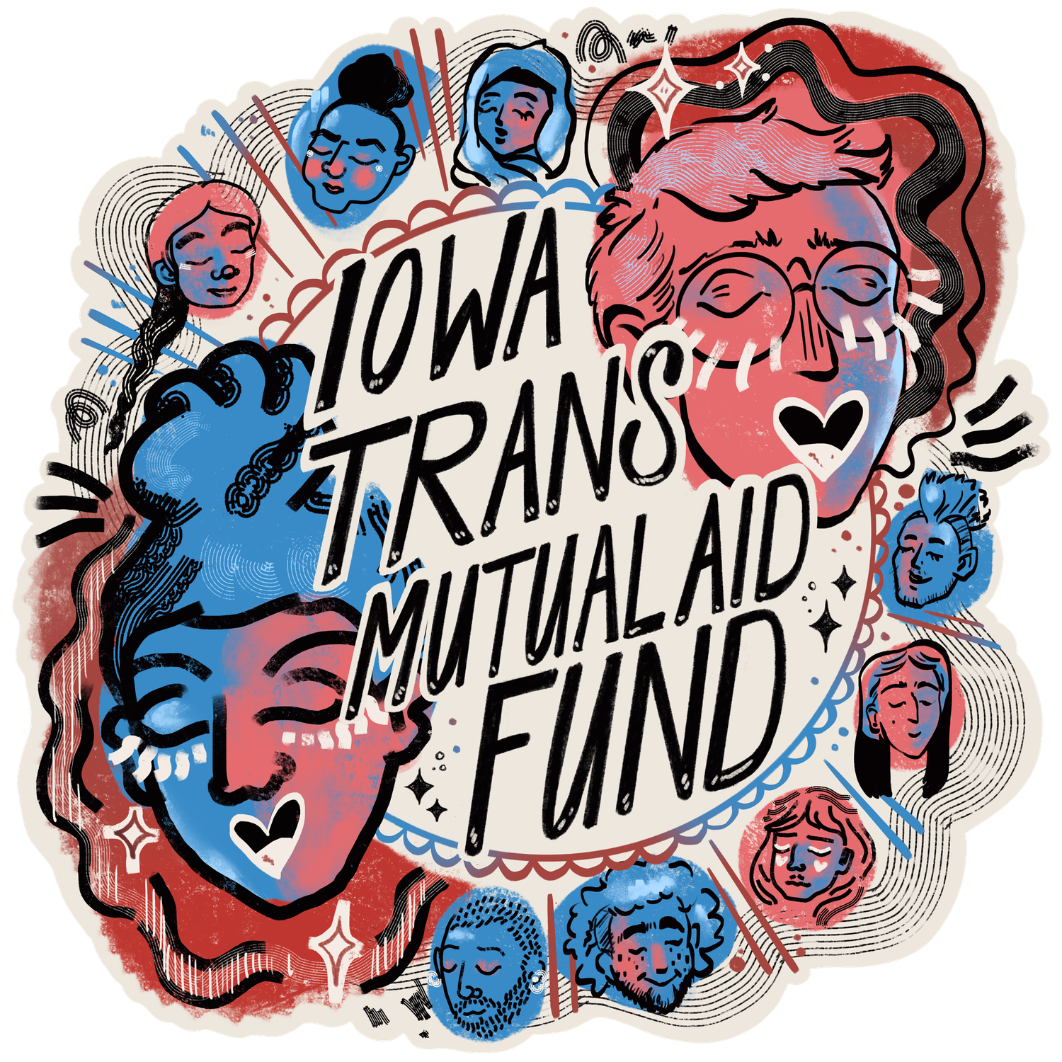 Red and blue illustrated banner design featuring text about mutual aid and trans fund.