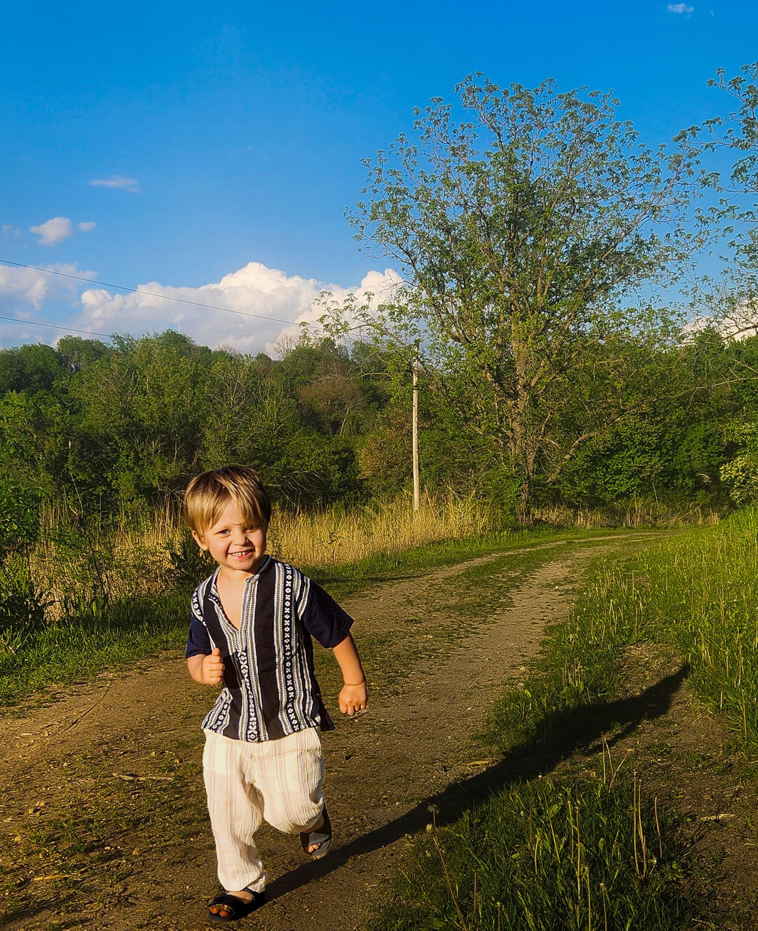 Person walking along a dirt path through a sunny meadow on a summer afternoon.
