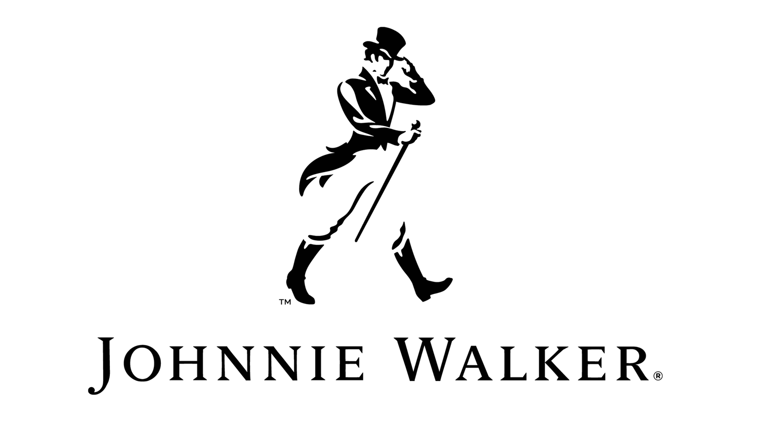 Black and white Johnnie Walker whisky logo featuring their iconic striding man mascot.