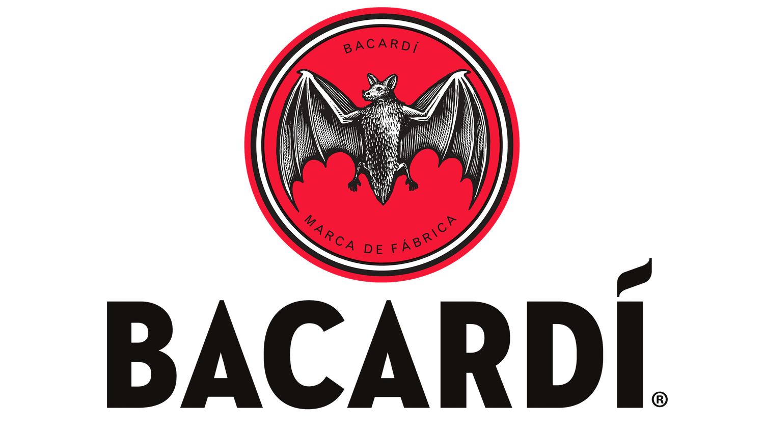 Bacardi logo featuring a black bat symbol in a red circle above the brand name.