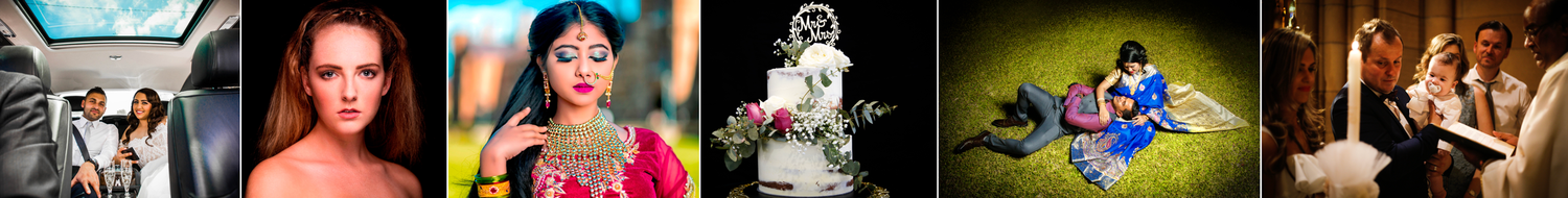 Row of six diverse wedding and event photos showing moments from table settings to dance floor celebrations.