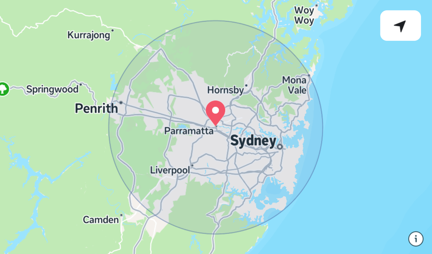 Satellite map view of Sydney, Australia with circular radius overlay.