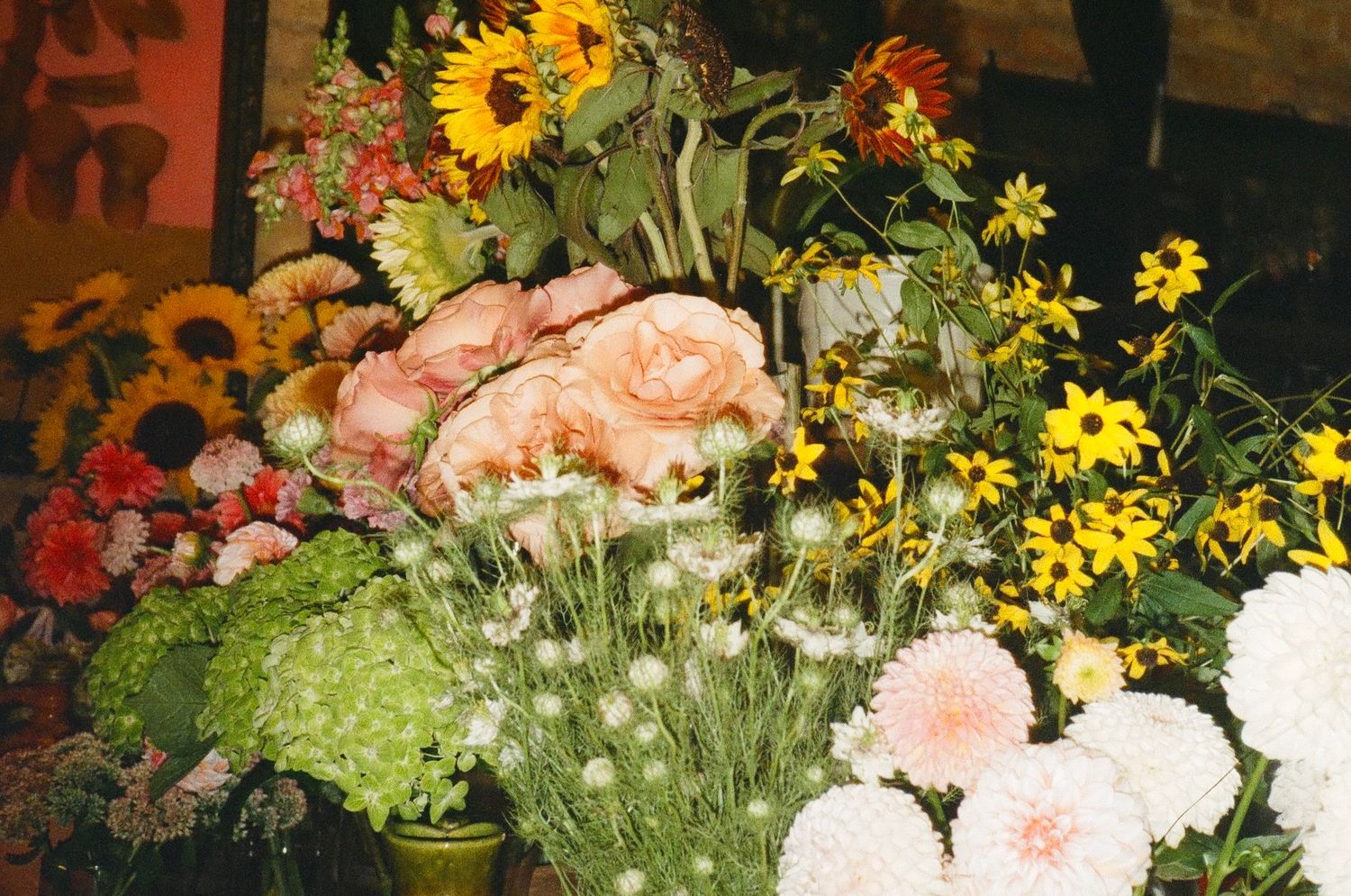 Elegant floral arrangements brighten a Chicago art studio, 35mm