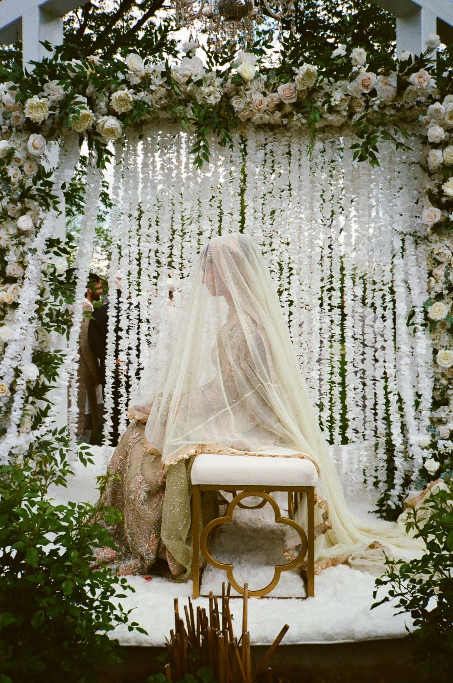 Desi Muslim bride , garden Nikkah in Chicago suburbs, glowing on timeless 35mm film. revelry675 batavia wedding venue