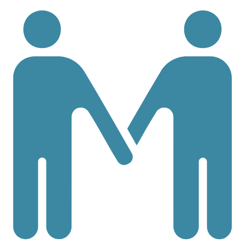 Blue pictogram showing two figures holding hands in solidarity.