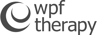 Black and white logo for WPF Therapy featuring a curved spiral design.