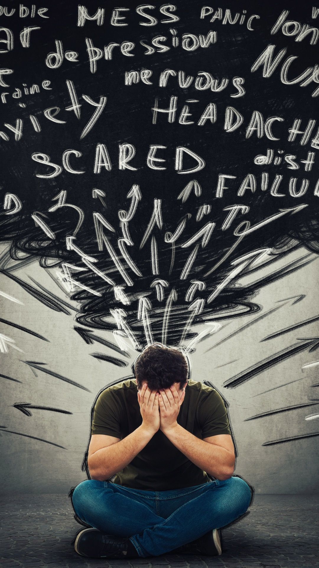 Illustration showing mental health struggles with words like panic, anxiety and depression radiating above a distressed figure.