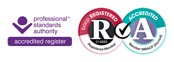 Professional standards authority and registered accreditation logos in purple and teal colors.