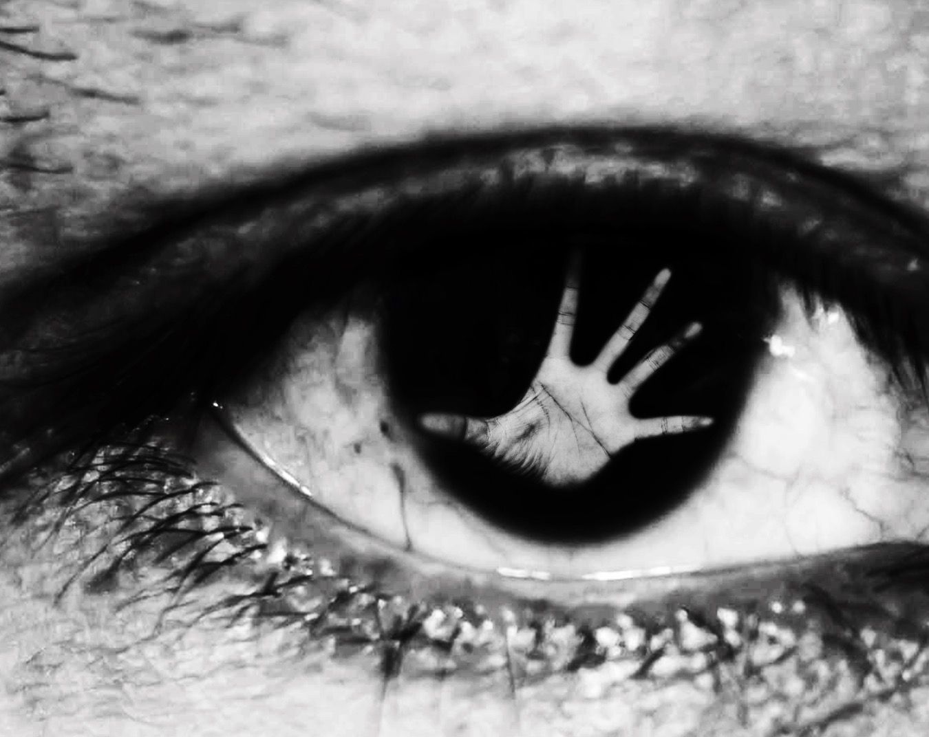 A black and white artistic photograph shows closeup views of seven different human eyes with lashes and detailed textures.