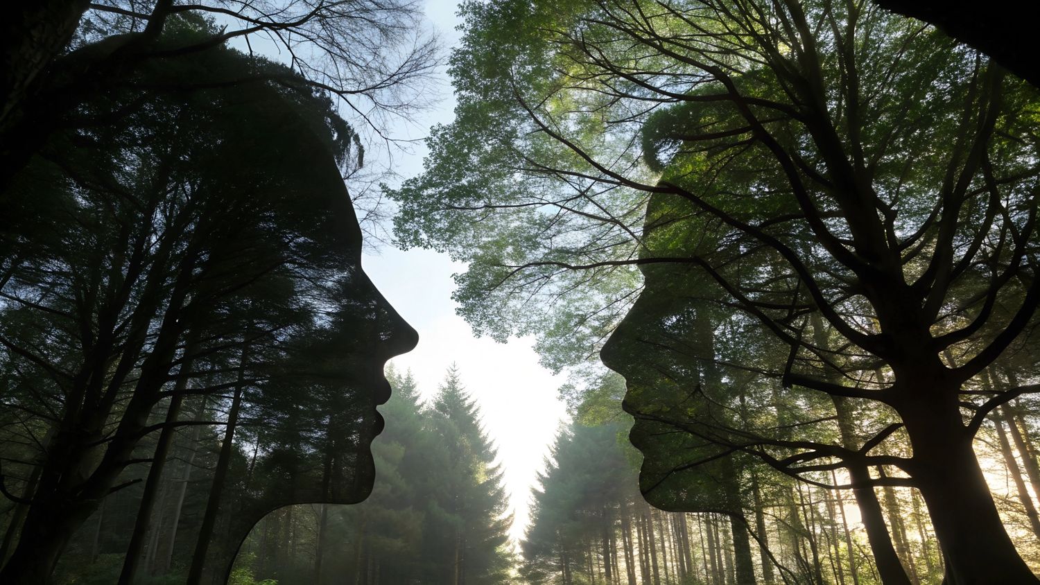 Two face profiles emerging from tree silhouettes in a misty forest.
