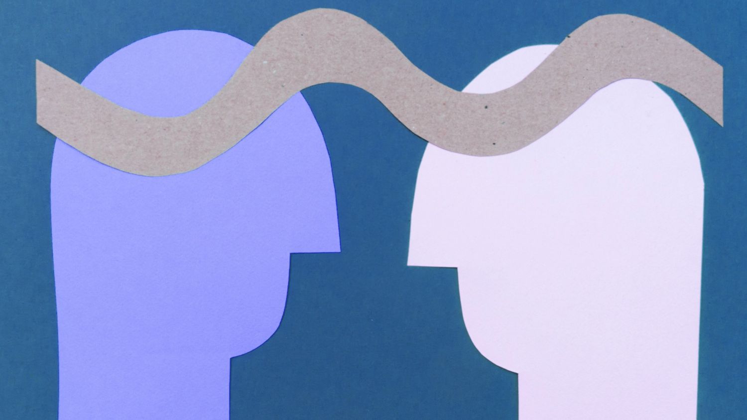 Two abstract profile silhouettes facing each other with wavy lines connecting them.