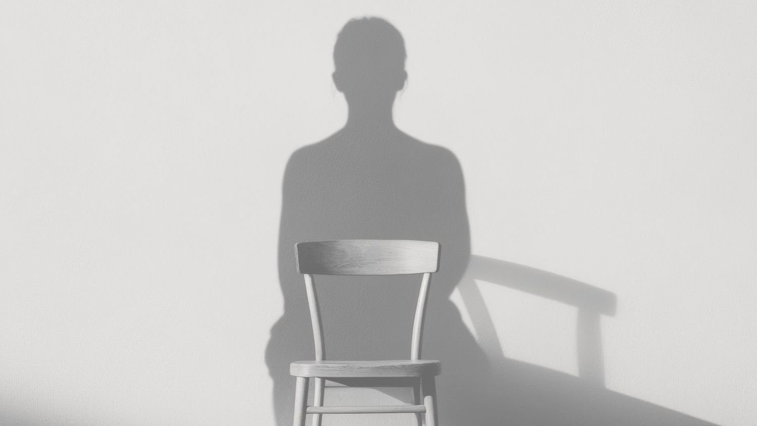 A silhouette of a seated figure on a chair casts a dramatic shadow against a plain white wall.