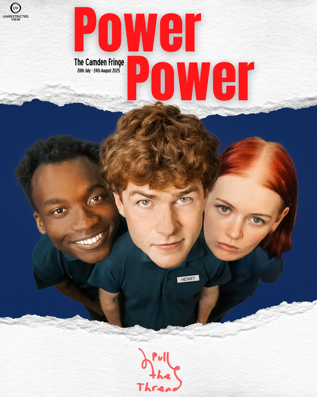 A promotional poster for Power Power featuring three people against a torn paper background.