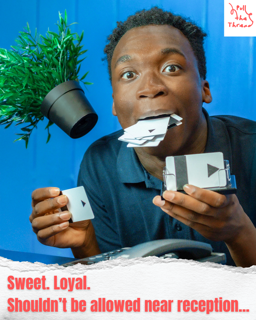 Series of comic frames showing someone drinking coffee at a reception desk against a blue background.