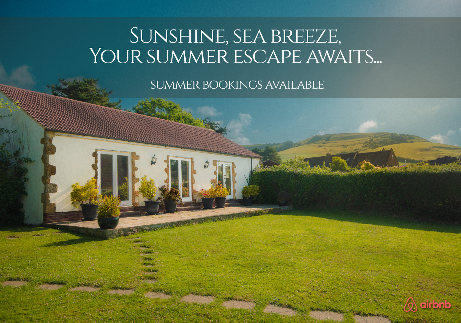 A serene coastal landscape banner showcasing a sunny summer escape destination with rolling hills and beach views.