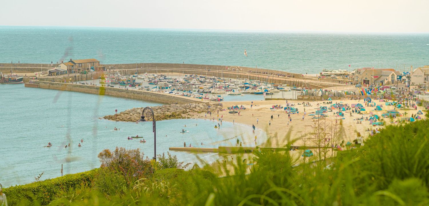 Panoramic coastal view of a seaside town with beach and harbor in the distance.