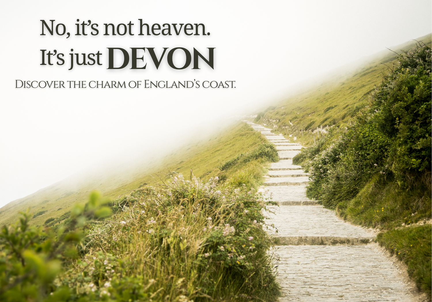 Winding stone path leads through green hills with text overlay advertising Devon, England.
