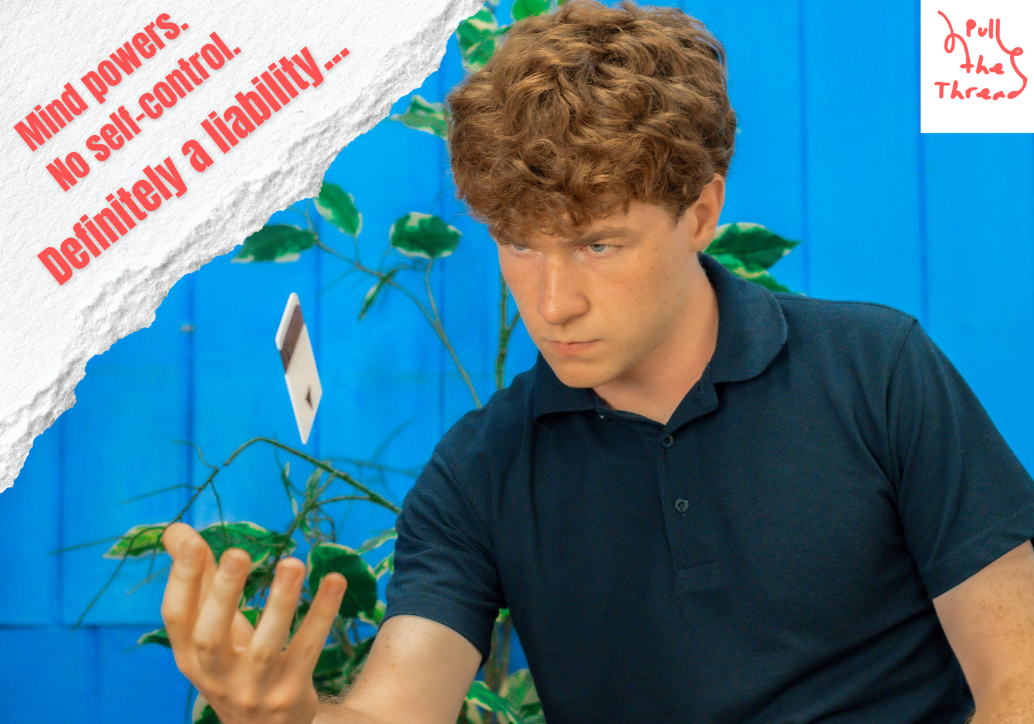 Comic strip showing scene at desk with plants and blue backdrop.