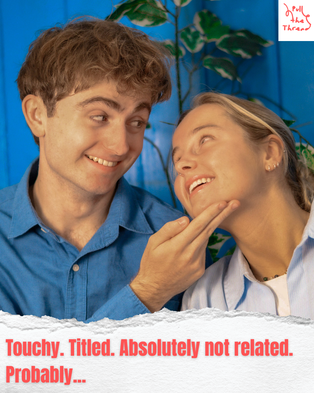 Playful scene showing office interactions set against bright blue wall.