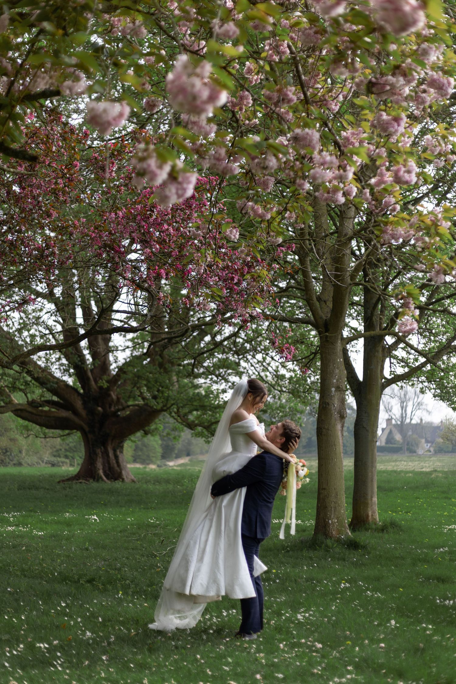 A romantic moment captured under blooming cherry blossom trees in a spring garden.