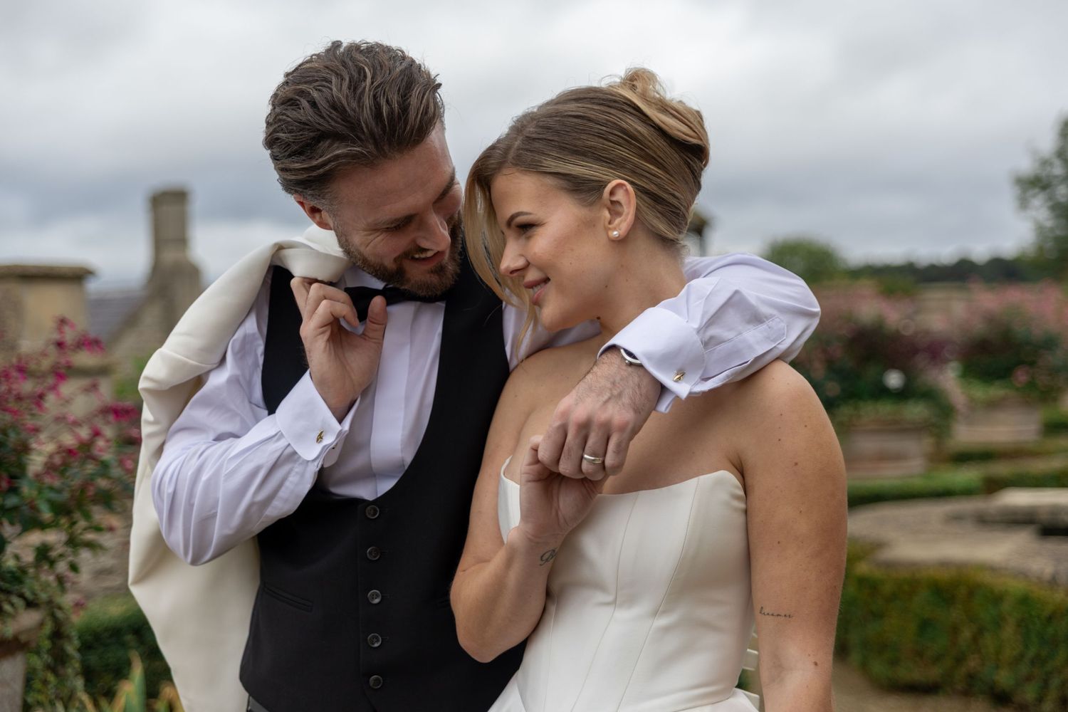 A romantic wedding photo collage showing tender moments between newlyweds in outdoor settings.