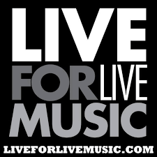 Live For Live Music logo in bold white and gray text on black background with website URL liveforlivemusic.com.