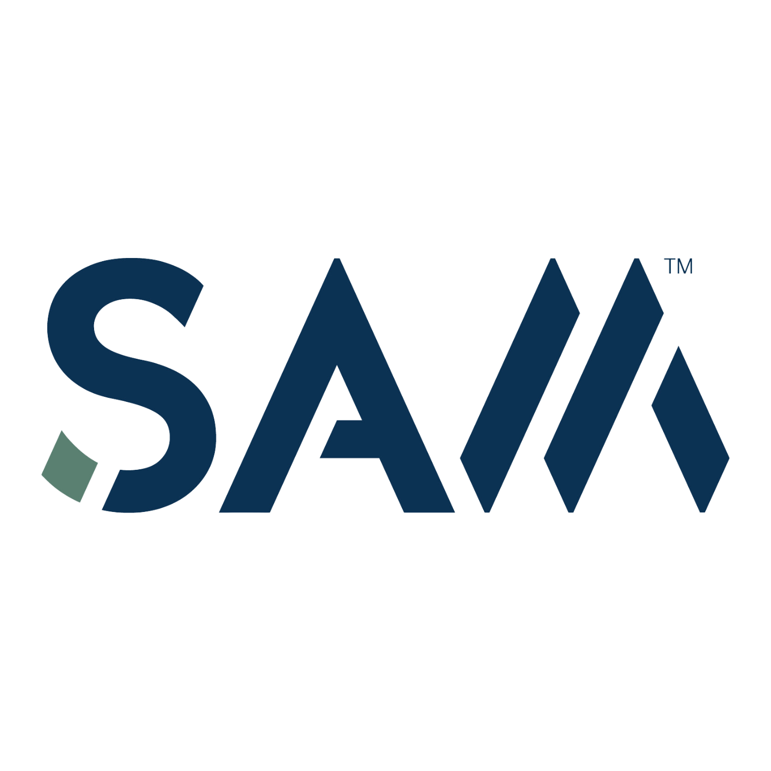 SAM company logo featuring bold navy blue letters with a geometric diamond shape and small green accent mark.