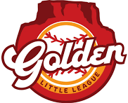 Golden Little League logo featuring a red baseball diamond shape with gold stitching and bold script lettering.
