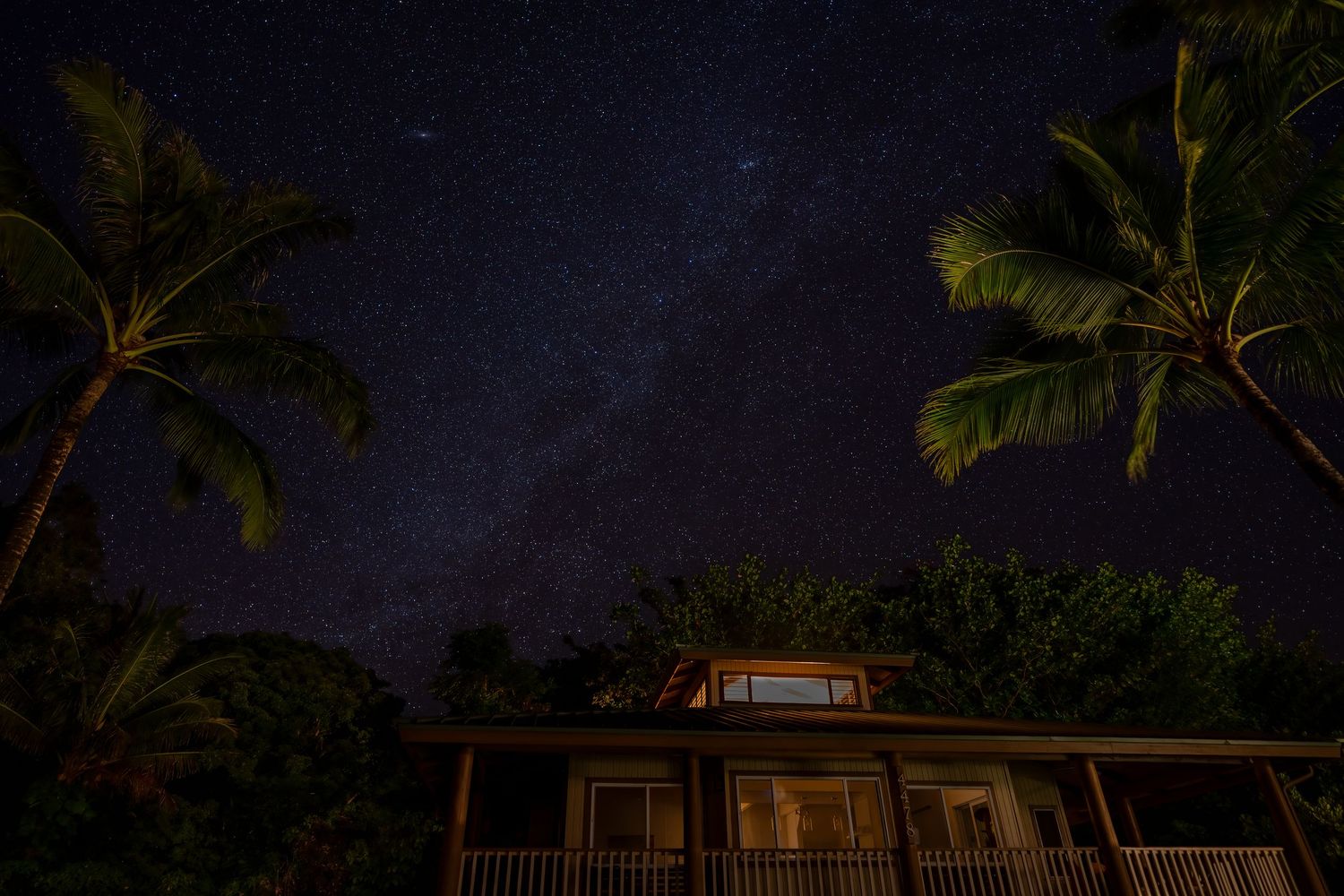 Tropical house with palm trees under a stunning starry night sky with the Milky Way visible.