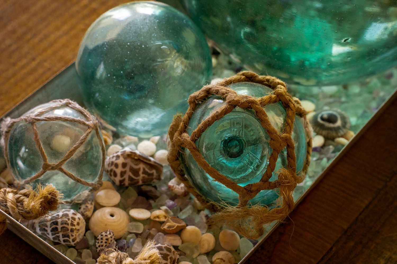 Teal glass fishing floats with rope netting displayed in a tray filled with seashells and pebbles on a wooden surface.