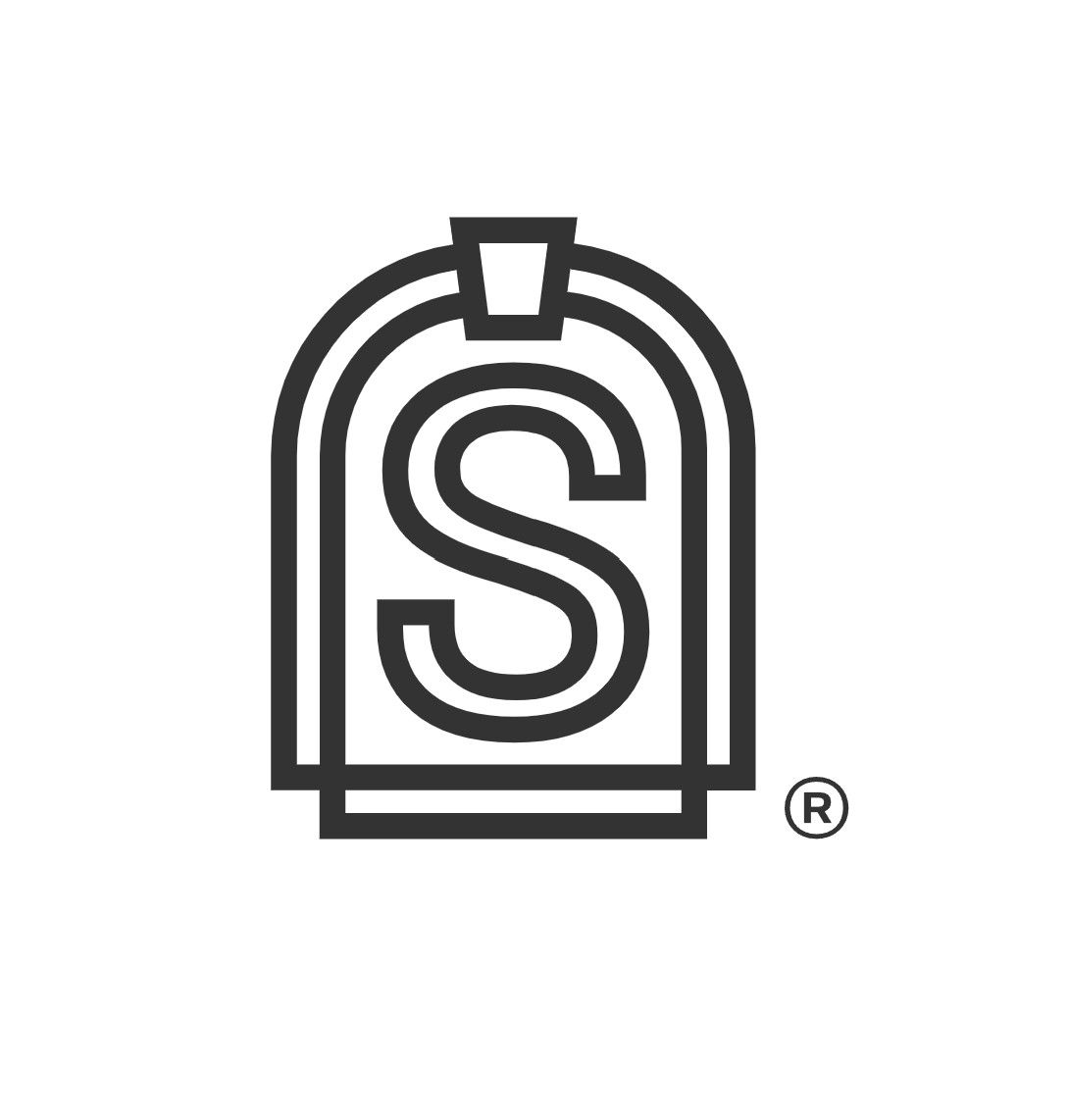 Minimalist logo featuring a stylized letter S inside an arched frame with a bottle silhouette, registered trademark symbol.