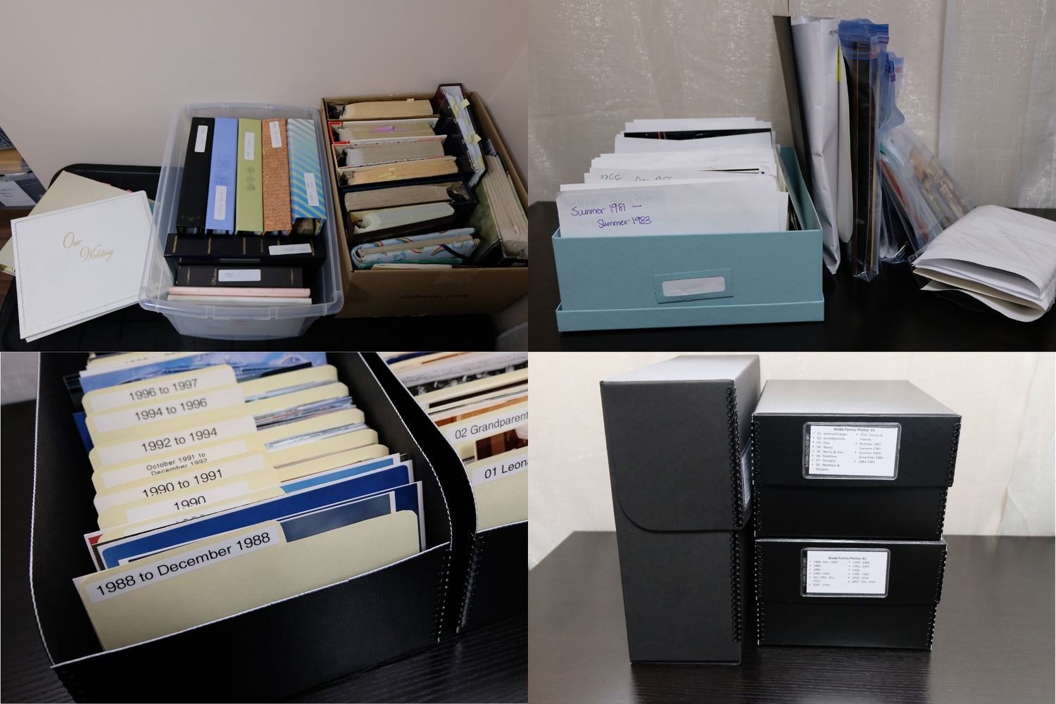 Project photos of photo organizing services. Before, during, after