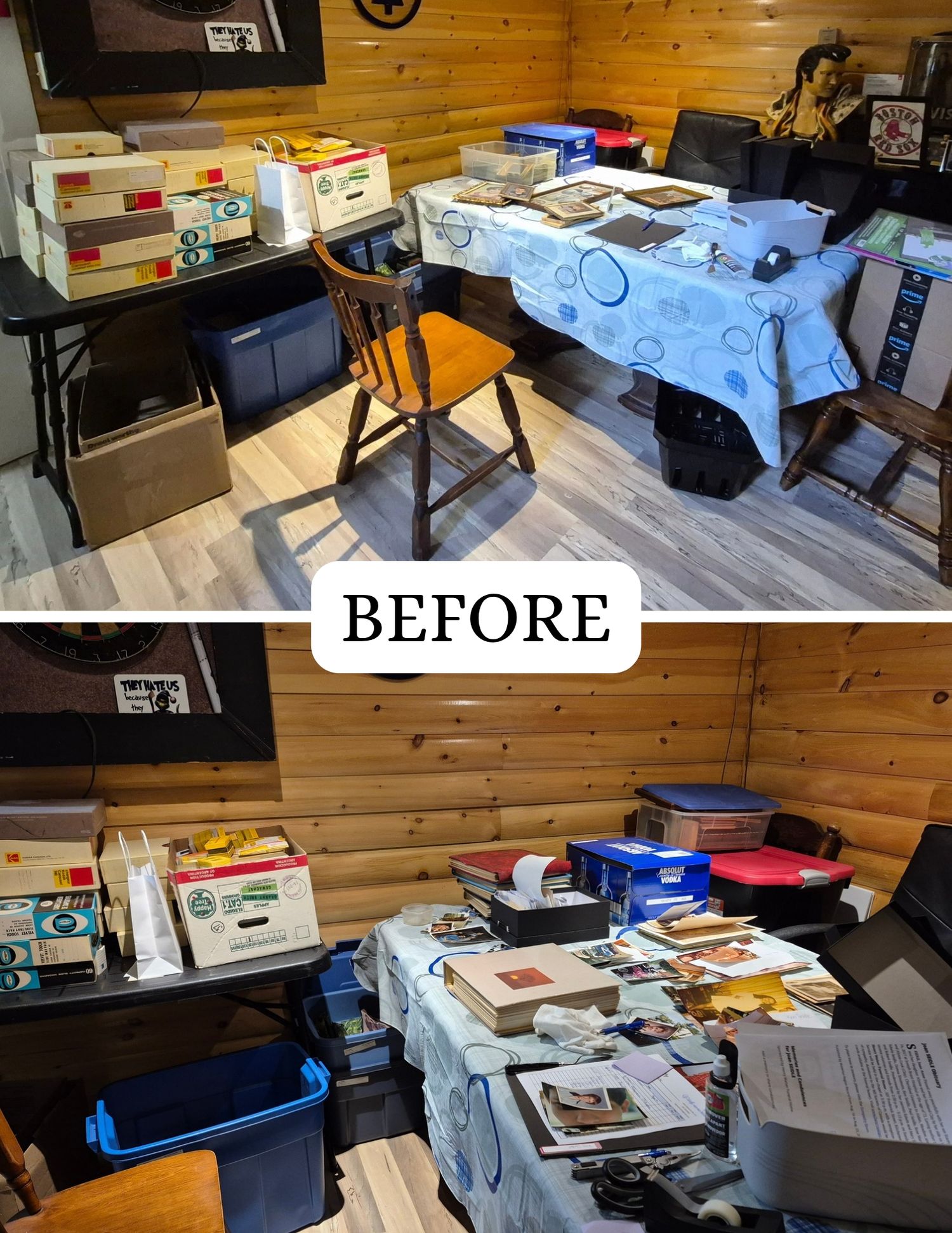 Before photo of all photos and items spread out on large tables