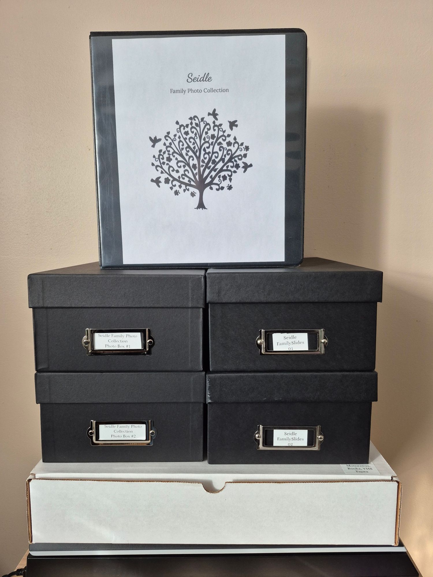 Finished Client Project - Photos & Memorabillia stored in photo boxes and binder.