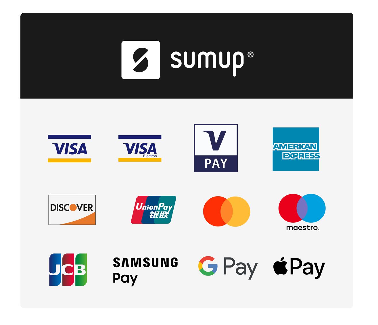 Various digital payment method logos including Visa, Mastercard, American Express, JCB, Samsung Pay, Google Pay and Apple Pay.