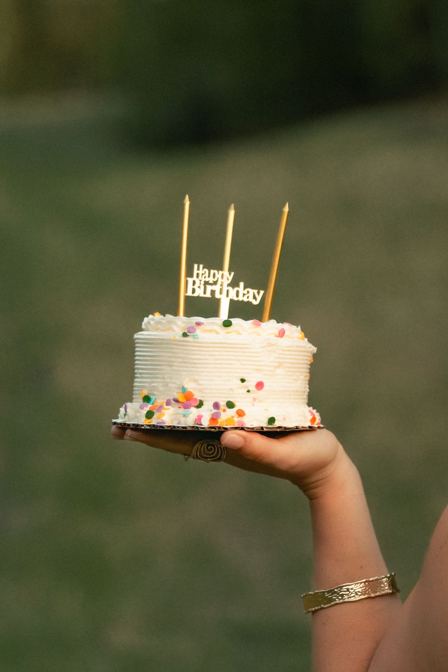 Hand holding a small white birthday cake with colorful sprinkles, gold candles, and a Happy Birthday topper outdoors.