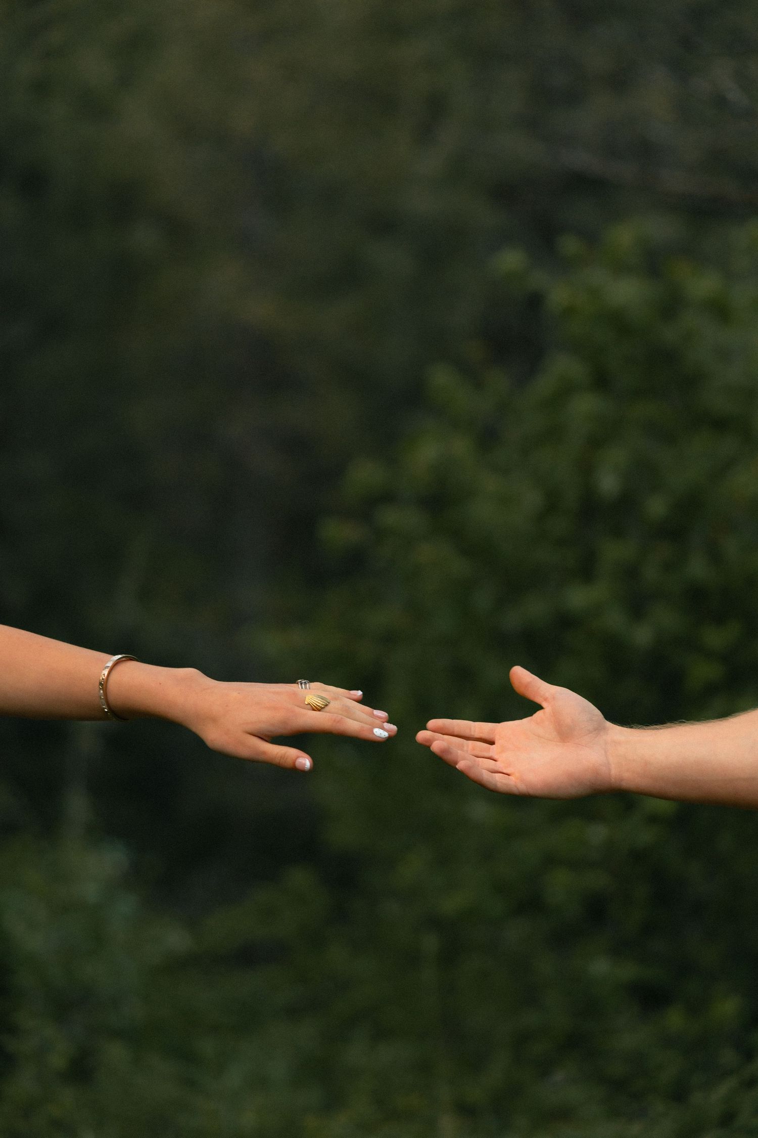 Two hands reaching toward each other against a lush green forest background, one wearing a gold ring.