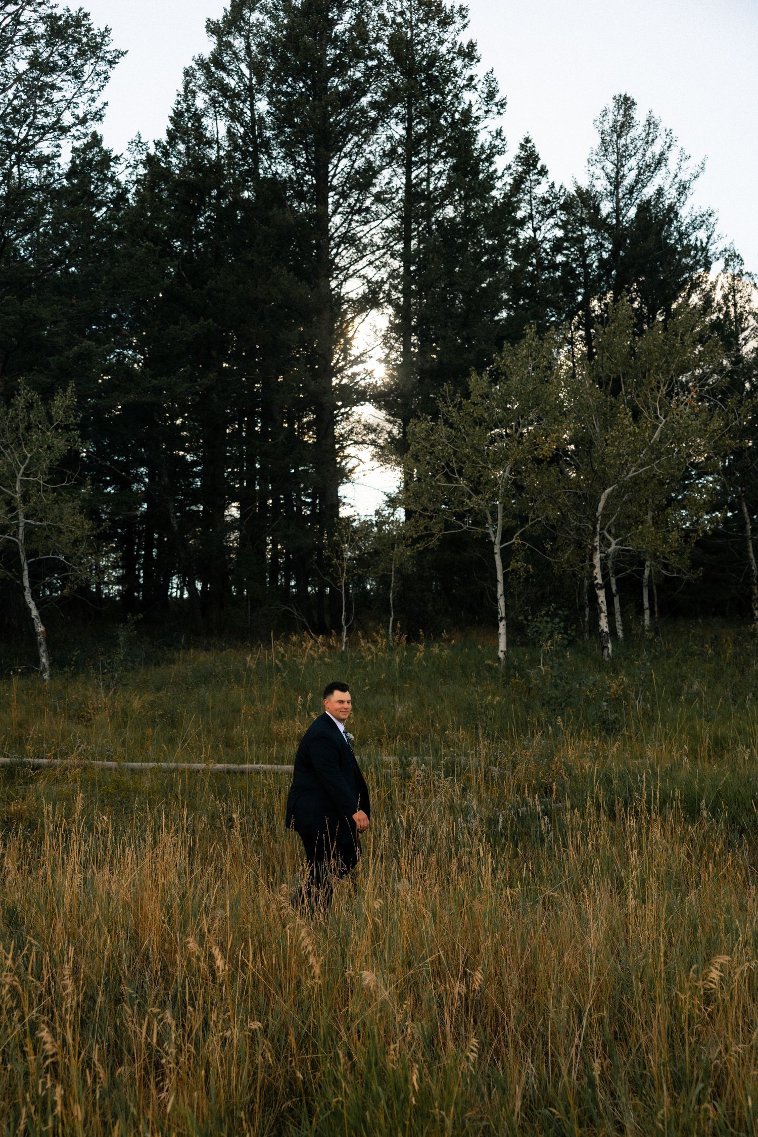 Man in dark suit standing in tall grass field at dusk with pine and birch trees in background.